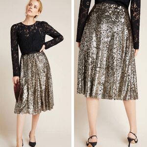 Anthropologie Sequined Metallic Silver Midi Swing Skirt Size Extra Small NWT
